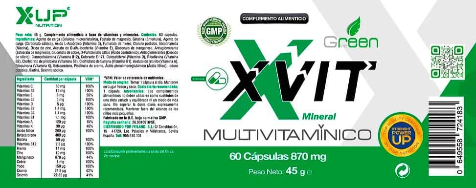 X Vit Multivitaminico mineral X UP Green informacion nutricional